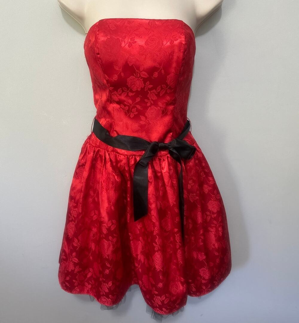 Vintage Gunne Sax Dress Juniors 1 Red Satin Mini Strapless Retro 80s HoCo Glam